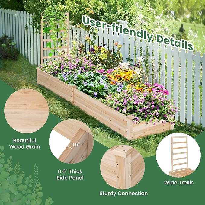 Giantex Raised Garden Bed with Trellis, 93" L x 25" W x 40" H, Wood Planter Box for Vegetables Flowers Herbs Fruits Climbing Plants Cucumber, Easy Assembly, Outdoor Rectangular Floor Gardening Beds