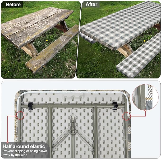 Picnic Table Cover with Bench Covers Camping Essentials Waterproof Windproof Camping Tablecloth with Drawstring Bag, Fitted Rectangle Tables and Seats, 72in, Gray White