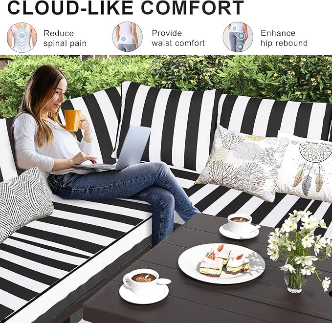 Patio Sectional Cushions, 14-Piece Replacement Cushions for Outdoor Furniture, Water-Resistant Outdoor Sofa Cushion for 6-Seat Rattan Wicker Sectional Conversation Sets (Black & White Stripes)