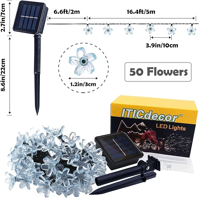 ITICdecor Outdoor Solar Flower String Lights Waterproof 50 LED Fairy Light Decorations for Christmas Tree Garden Patio Fence Yard Spring (Blue)