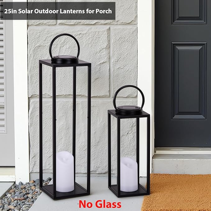 Large Solar Outdoor Lanterns, 25" 16" Tall Farmhouse Black Metal Waterproof Decorative Lanterns with Solar Candles for Front Porch, Patio, Christmas, Fall Decor- Set of 2