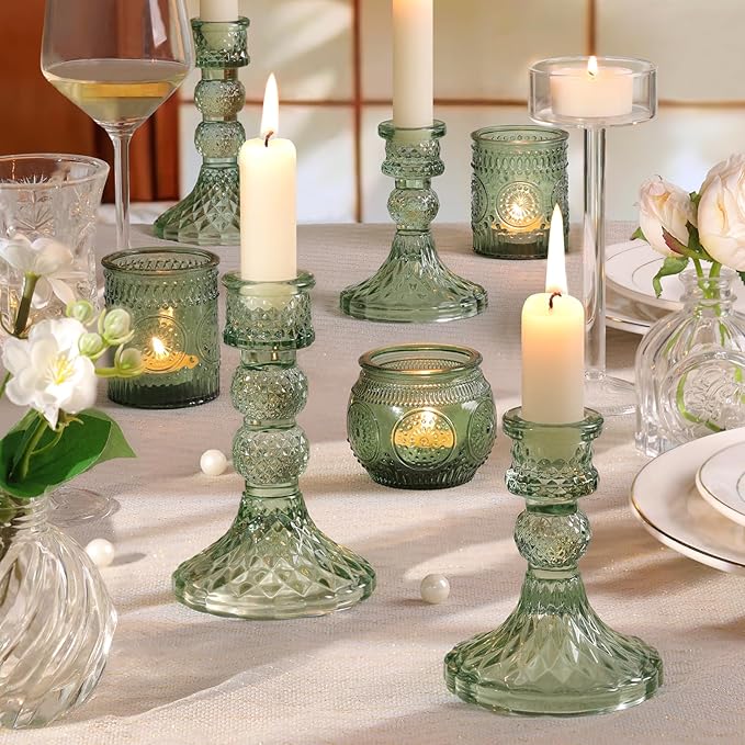 DARJEN Green Glass Candlestick Holders Set of 6, 4" H & 5" H Taper Candle Holders for Candlesticks & Pillar Candles, Diamond Candle Holders for Wedding Party Table Centerpiece, Home Decor