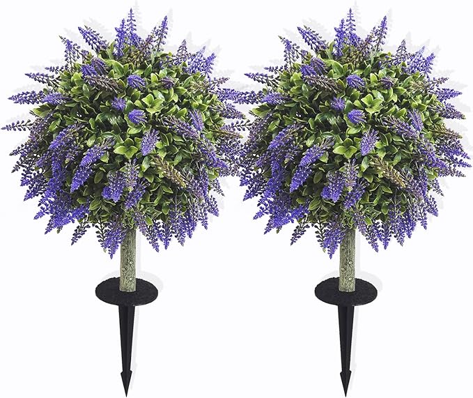 Artificial Boxwood Topiary Ball with Lavender, Set of 2 Artificial Shrub Bushes with Ground Spike, Fake Evergreen Tree for Porch, Artificial Plants for Outdoor Planters Indoor UV Resistant