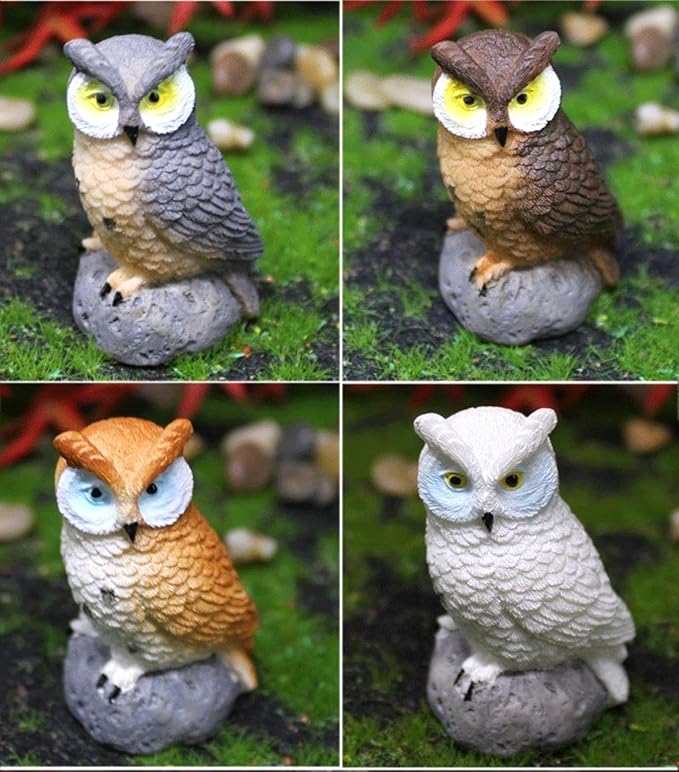 Mini Owl Figurines, Set of 4, Garden Decor Miniatures, Fairy Garden Accessories, Small Owls