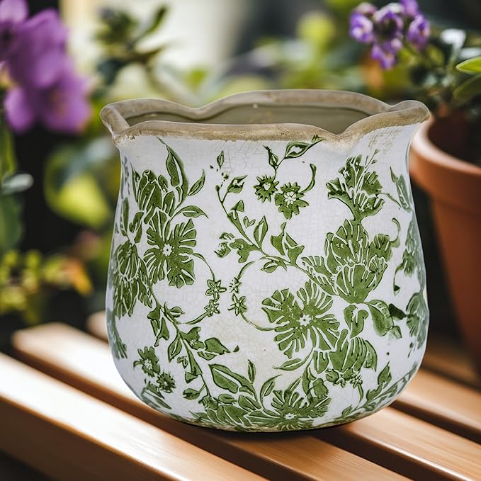 Rustic Ceramic Planter, 6 Inch Tuscan Vintage Flower Pot with Drainage, Farmhouse Garden Pot for Indoor Plants, Kitchen & Garden Tuscan Decor, Plant Lover Gift (Green)