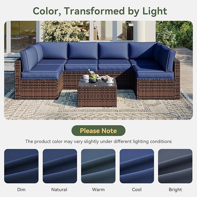 Aoxun Outdoor Replacement Cushions for Patio Furniture, Waterproof Sofa Cushion for 6-Seat Rattan Wicker Sectional Patio Conversation Sets, 14-Piece Cushions Set for L-Shape Couch, Navy