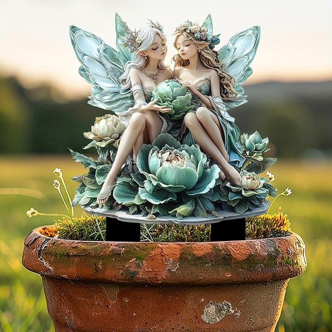 JOYO 11.8''Bohemian Fairy Flower Pot Decoration,2D Acrylic Ground Plug,Fairy Garden Planter Accessories,Fairy Pumpkin Angel Garden Stake for Pot Plants and Garden Yard Lawn Décor (Q)