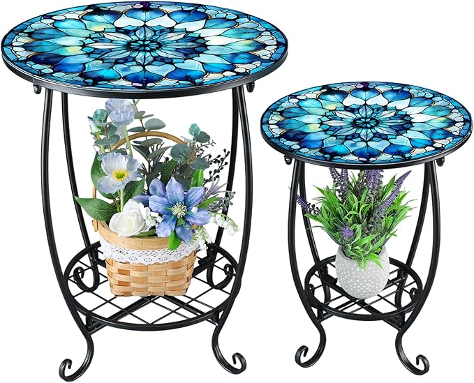 2 Pcs Outdoor Side Table Small Patio Round Mosaic Accent Indoor End Table Plant Metal Coffee Tea Tables for Patio Yard Porch Garden Living Room(12" and 16",Mandala Style)