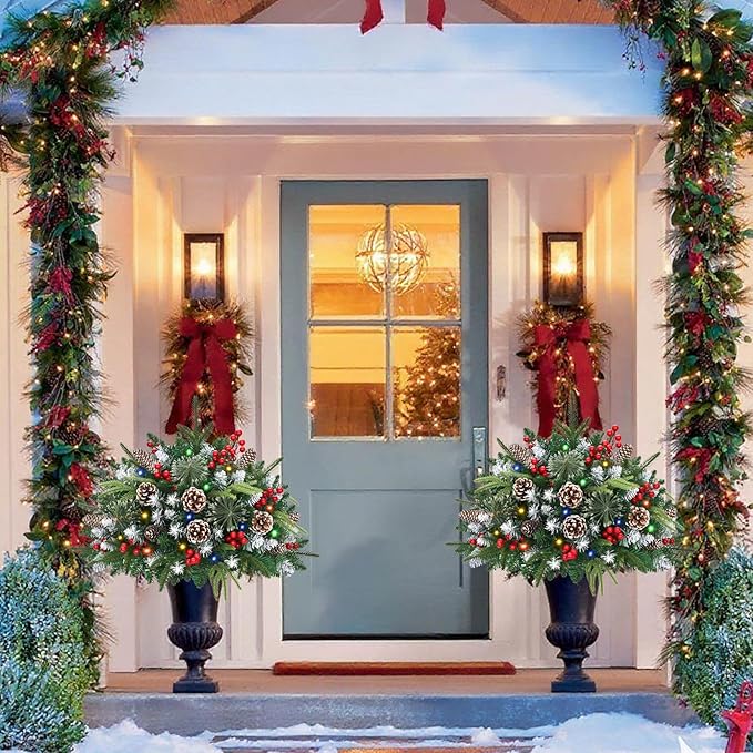 Waipfaru 2 Pack Prelit Planter Bushes, Outdoor Christmas Urn Filler with Lights, 22 Inch Artificial Christmas Tree for Front Porch, Pot, Holiday Planter Filler Outdoor