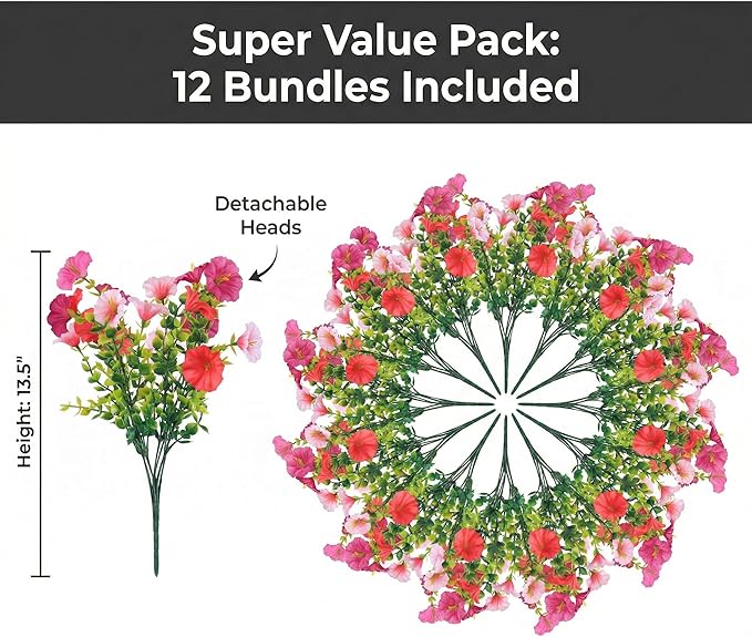12Pcs Artificial Outdoor Flowers for Outdoors, Faux Silk Realistic Morning Glory Floral Arrangement Planter UV Resistant for Porch Patio Window Box Balcony Garden Decor (12pcs Mixed Pink)