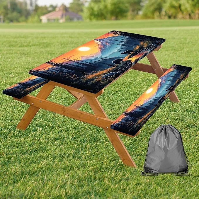 3PCS Picnic Table Cover with Bench Cover Bear Forest Sunset Pattern Camping Tablecloth Fitted Picnic Table Cover with Elastic Windproof Waterproof, Outdoor & Garden Camping Accessories 72IN