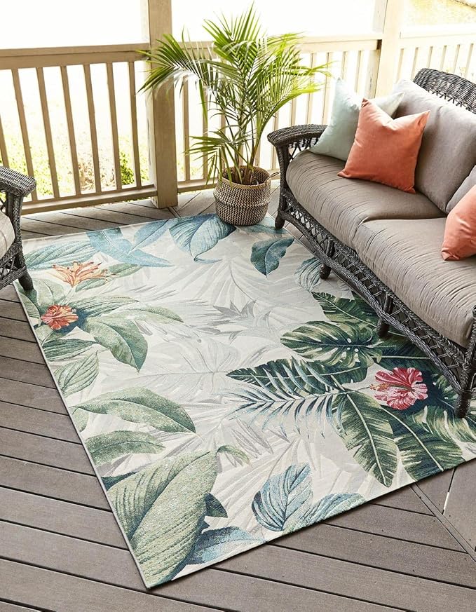 Unique Loom Outdoor Botanical Collection Area Rug - Kula (6' 1" x 9' Rectangle, Multi/ Gray)