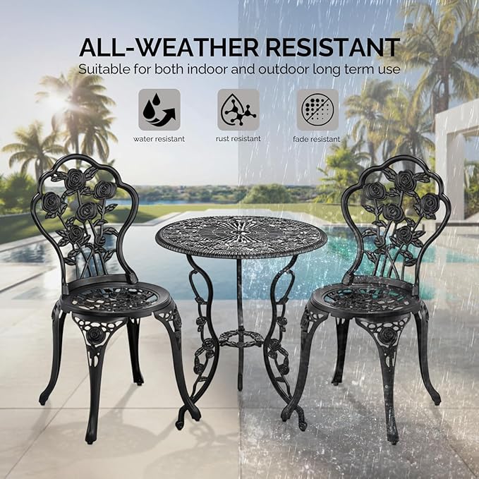 Outvita Patio Table and Chairs Set, Cast Aluminum Outdoor Cafe Table and Chairs Set of 3, Stability Patio Bistro Sets with Umbrella Hole for Garden, Patio, Balcony, Rose Pattern Black