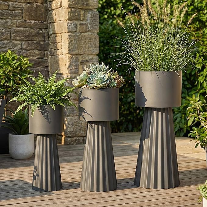 Tall Round Flower Pots, Set of 3 Metal Planters for Indoor Outdoor Plants, Large Planter Pot, Planters for Garden Front Porch Patio, 22.83", 26.77", 29.72" H, Dark Gray