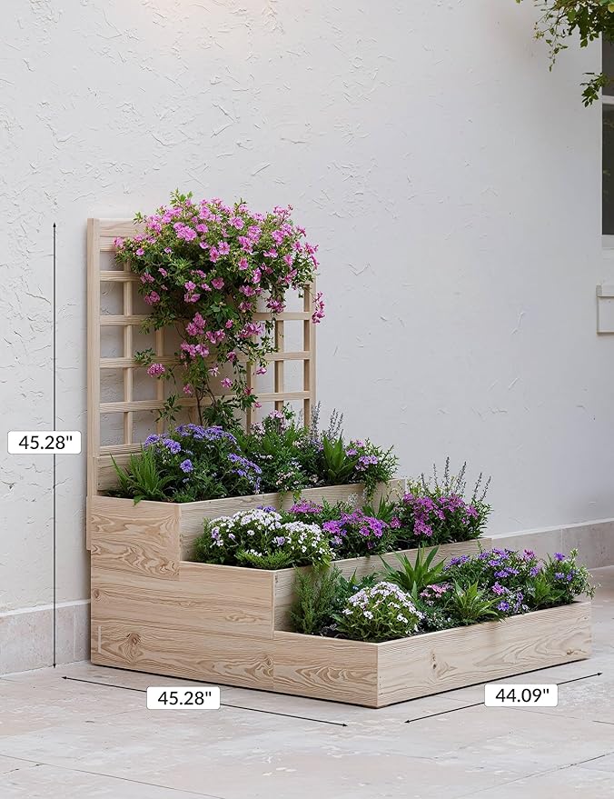3-Tier Vertical Raised Garden Bed with Trellis – Climbing Plants, Veggies & Herbs In Limited Space | Wooden Planter Box with Open Base for Superior Drainage | Ideal for Patios, Decks & Small Yards