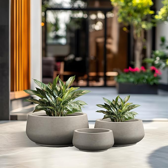 Kante 21.6",16.9",and 12.5" Dia Round Bonsai Planters (Set of 3), Outdoor Indoor Garden Plant Pot with Drainage Hole for Home, Patio, Garden, Weathered Concrete