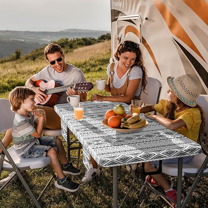 Picnic Table Cover with Bench Covers Fitted Waterproof Large Camping Tablecloth with Elastic for 8 Foot Tables Outdoor Travel RV Essentials Summer Vacation Accessories Fun Gifts for Couples