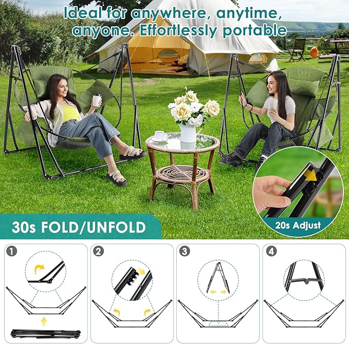 TLSUNNY 3 in 1 Hammock Stand, Outdoor Collapsible Swing Chair, w/Portable Foldable Heavy-Duty Steel Stand Holds up to 350 lbs, Carrying Bag, Thick Durable PU Easy Set Up for Porch,Patio,Garden,Camp