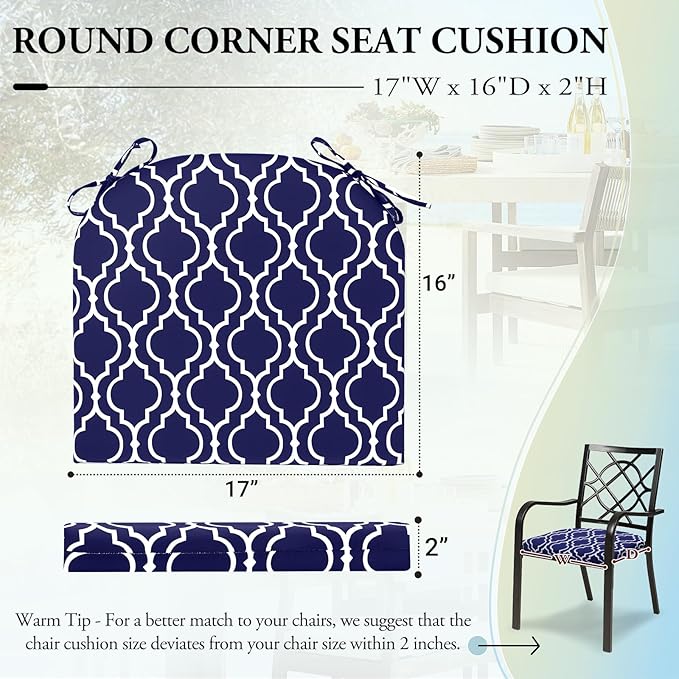 Wellsin Outdoor Chair Cushions for Patio Furniture - Patio Chair Cushions Set of 4 - Water Resistant Round Corner Outdoor Seat Cushions 17"X16"X2", Trellis Navy