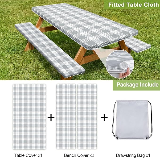 Play Tailor Picnic Table Cover with Bench Covers Camping Essentials Waterproof Windproof Camping Tablecloth with Drawstring Bag, Fitted Rectangle Tables and Seats, 60in, Grey Checkered