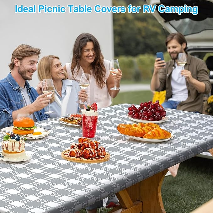 Picnic Table Cover with Bench Covers Portable Table Cloth Built-in Storage Pocket Picnic Table Covers With Elastic Waterproof Camping Essentials for RV Camping