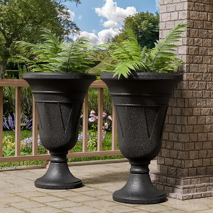 23.6" Tall Plastic Urn Planters for Outdoor Plants, Set of 2 Heavy-Duty Classic Indoor Large Flower Pots with Drainage Holes & Trophy Design, Outdoor Planters for Porch, Home Garden, Black