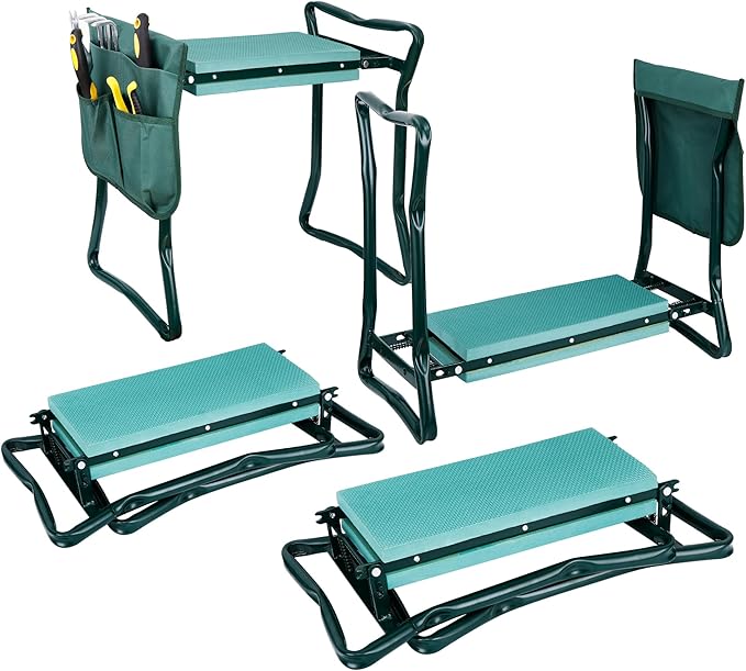 HomGarden Folding Garden Kneeler Seat Bench Stool w/Soft Kneeling Pad and Large Tool Pouch Foldable Gardener Stool (4 Sets)