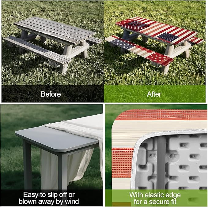 Picnic Table Cover with Bench Covers Set of 3 - Red White Blue Buffalo Plaid Flag Pattern, Elastic Fitted Tablecloth for 6 Ft Tables, Washable Polyester Cover for Camping, Indoor & Outdoor