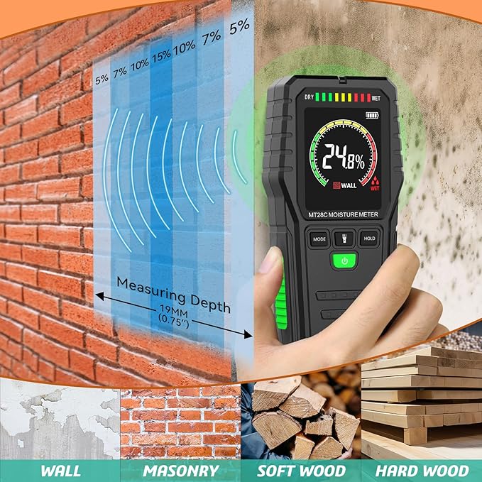 Pinless Moisture Meters Non-Invasive Digital Wood Moisture Tester Water Leak Detector for Wall,Lumber, building,Firewood,Humidity Tester (Black_Case)