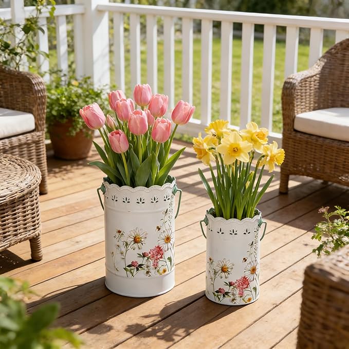 Set of 2 Farmhouse Floral Metal Flower Bucket Vase, Rustic Embossed Daisy Bee Design Planter with Hollowed-Edge, Decorative Pot for Indoor Outdoor Home Garden, Kitchen, Patio