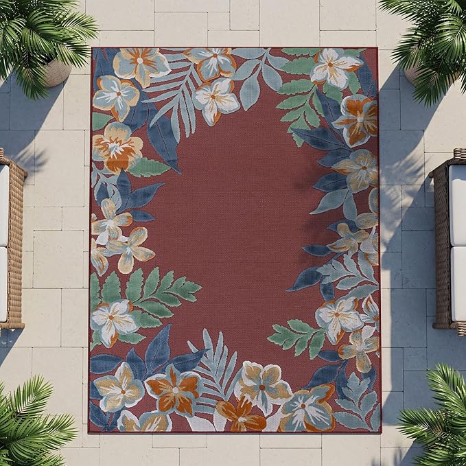 Outdoor Rug 5x7 Washable Area Rugs Indoor Outdoor Carpets Red Border Floral Non Shedding Waterproof Easy Clean Patio Deck Porch Living Room Bedroom Garden RV (5 X 7 Red)
