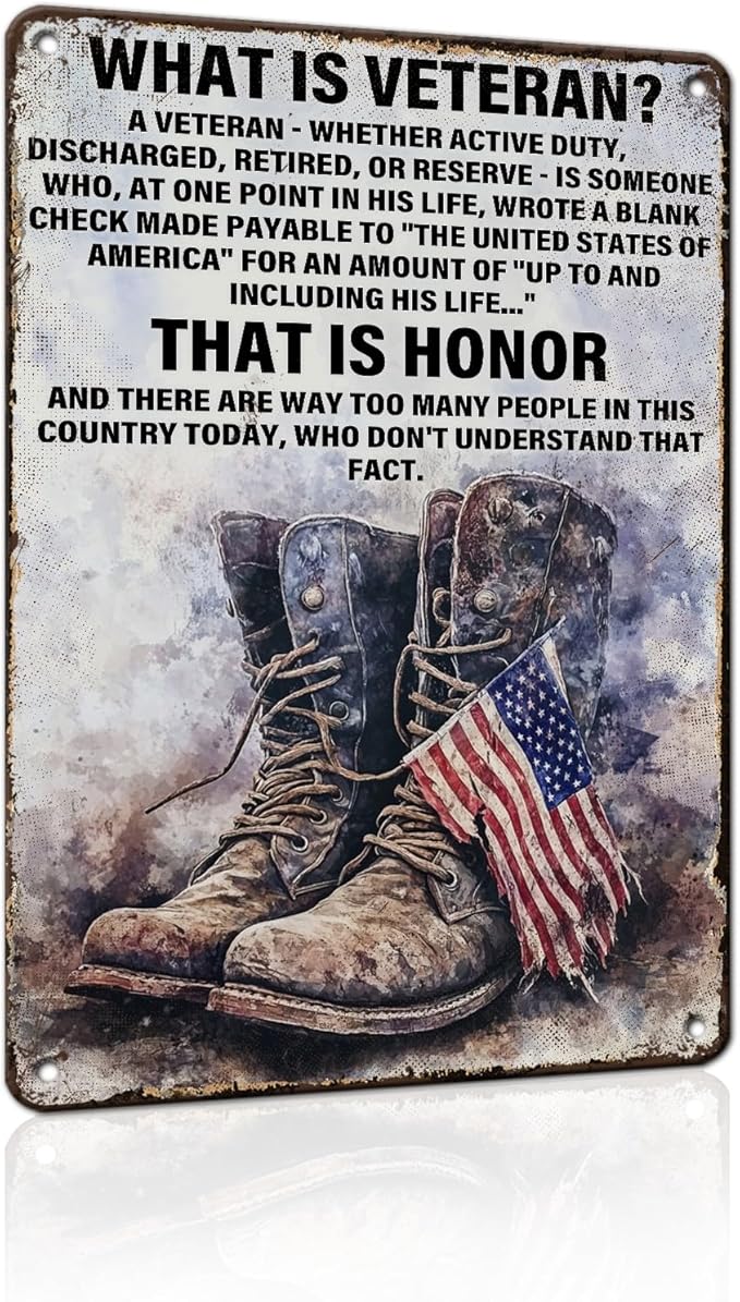 PEACHGARDEN Military Decor Army Patriotic Metal Sign Wall Decor What is A Veteran Metal Tin Sign Poster Military Memorabilia for Veterans Army Soldier Patriots 8x12inch