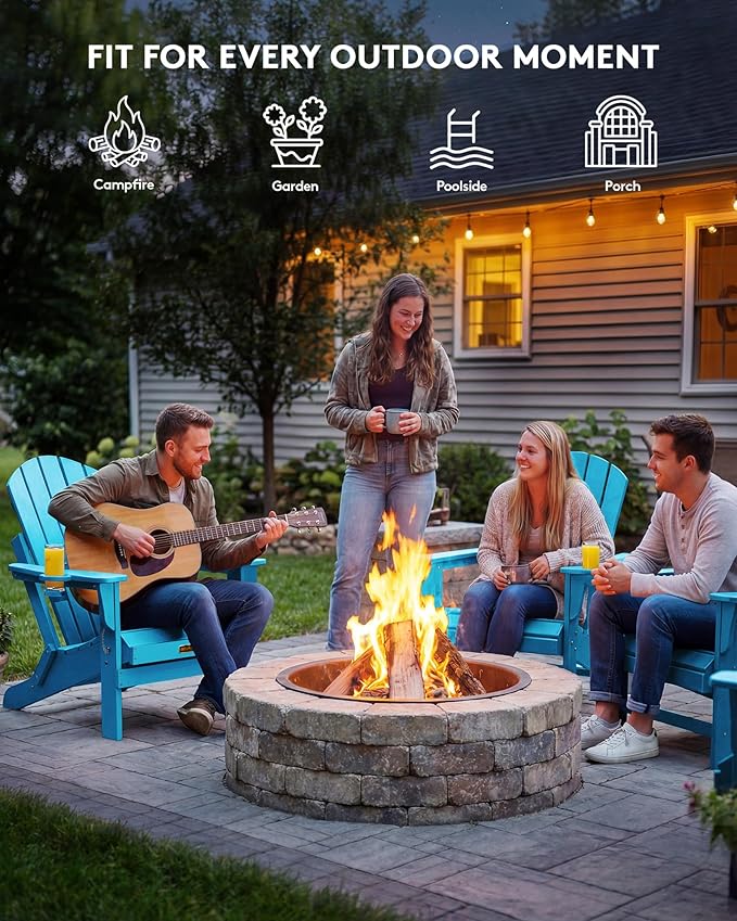 SERWALL Folding Adirondack Chair with Cup Holder Outdoor Adirondack Chairs Weather Resistant Patio Chair Fire Pit Chairs - Light Blue