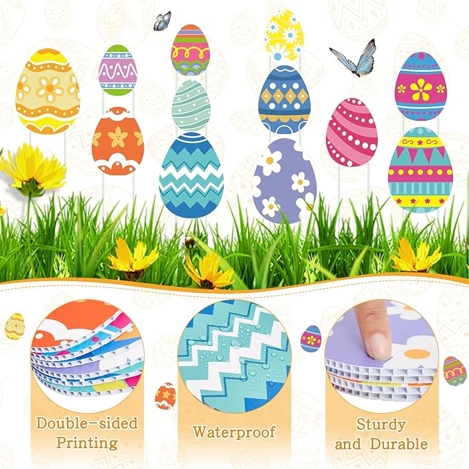12 Pcs Easter Planter Stakes Egg Shaped Garden Signs Outdoor Decorations Decorative Cute Colorful Egg Yard Stakes for Easter Party Home Outside Potted Planter Lawn Patio Porch Supplies