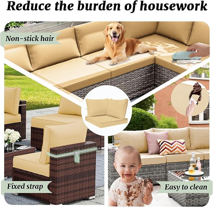 Outdoor Sectional Cushions Replacement Set, 26x26in Patio Furniture Cushions, 14 Pieces Waterproof Outdoor Couch Cushion for 6 Seat Wicker Conversation (Beige)