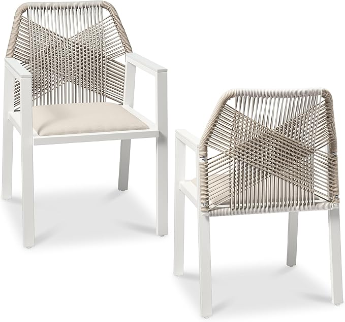 Best Choice Products Outdoor Dining Arm Chair Set of 2, Aluminum Frame with Armrest, All-Weather Woven Rope Chair Design - White/Alpine