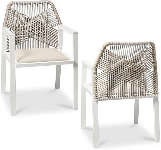 Best Choice Products Outdoor Dining Arm Chair Set of 2, Aluminum Frame with Armrest, All-Weather Woven Rope Chair Design - White/Alpine