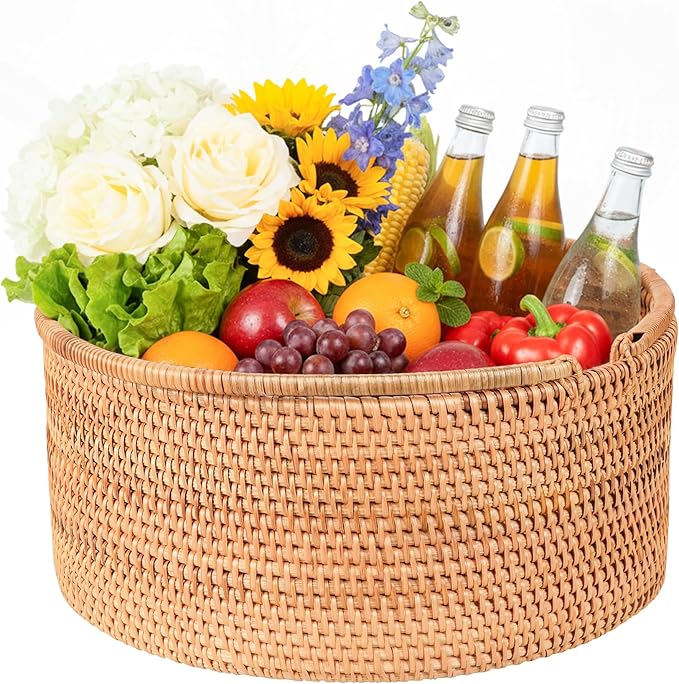 Rattan Picnic Basket with Handles, Round Wicker Gift Basket for Wedding, Camping(11"×11"×4")