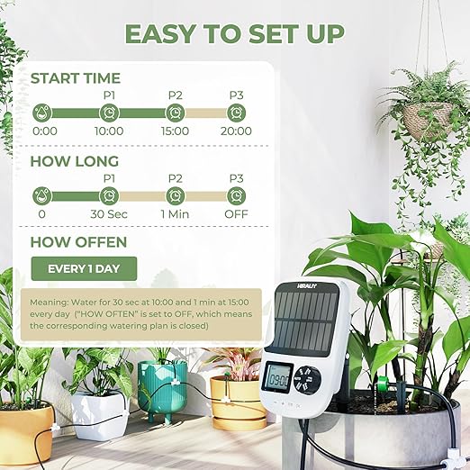 HIRALIY Solar Automatic Drip Irrigation System, Solar Powered Watering Device with Timer for Pots Plants, Pressure Balanced Drippers, with USB Port, for Indoor Irrigation Kit, Includes Battery