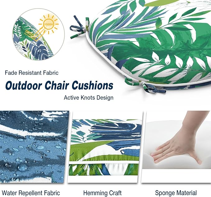 Outdoor Chair Cushions 16"x17" Set of 4, Water Resistant Patio Chair Pads with Ties, Seat Cushions for Home Garden Furniture Decoration, Islamorada Blue Green