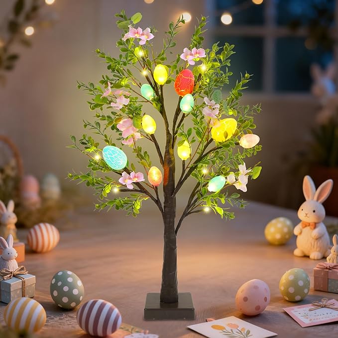 DR.DUDU Easter Decoration Set of 2 Lighted 24 Inch Artificial Tree with Easter Eggs & Colorful LED Lights, Light Up Tabletop Bonsai Tree for Table Home Holiday Spring Decor
