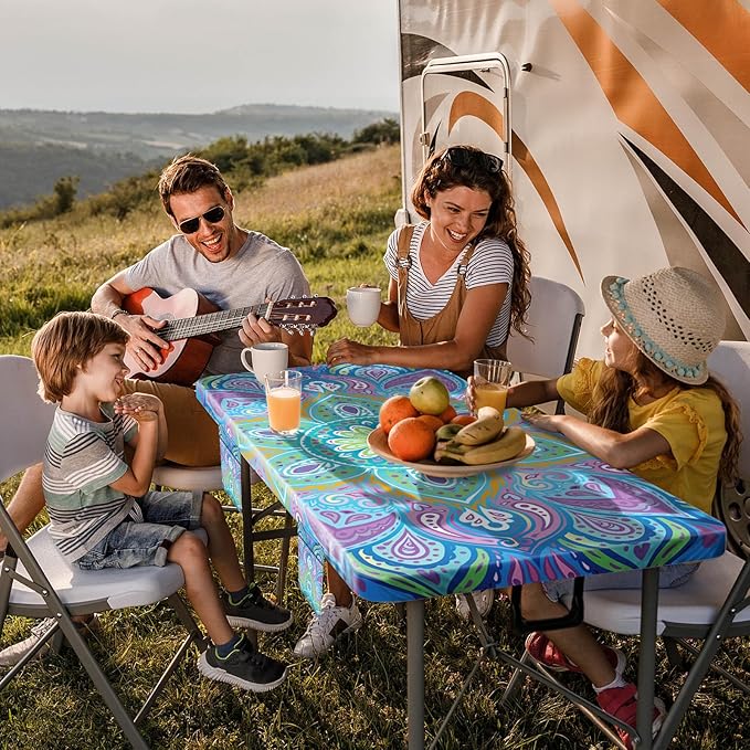 Picnic Table Cover with Bench Covers Non Slip Waterproof Vinyl Tablecloth for 8 Foot Rectangle Tables Gardening Needs Camping Rv Roadtrip Items for Tent Camper Gift for Teen Woman Man