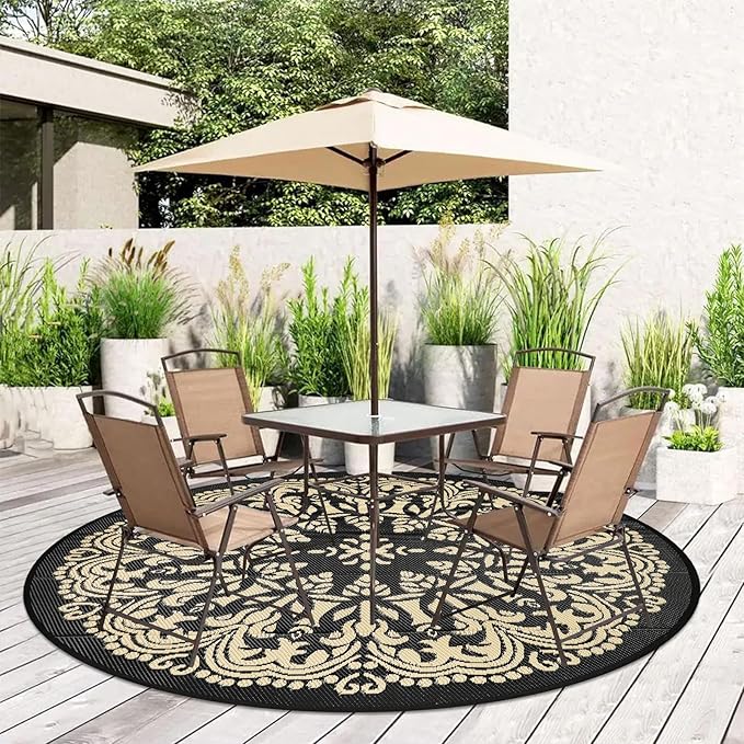 Homcomoda Round Outdoor Patio Rug, 6Ft Waterproof Indoor/Outdoor Area Rug, Black/Brown, 71" Diameter, Leaf Pattern, Machine Made, Low Pile, Foldable, Reversible, Lightweight, Spot Clean Only