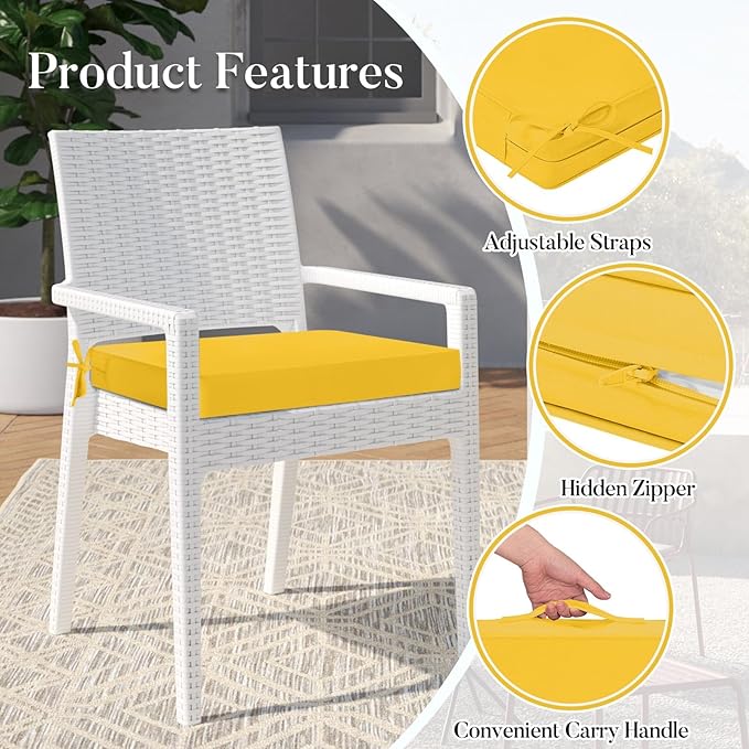 Basic Beyond Outdoor Chair Cushions for Patio Furniture, Waterproof Outdoor Seat Cushions Set of 4 19 x 19, Patio Chair Cushions Set of 4 with Ties and Handle, Yellow