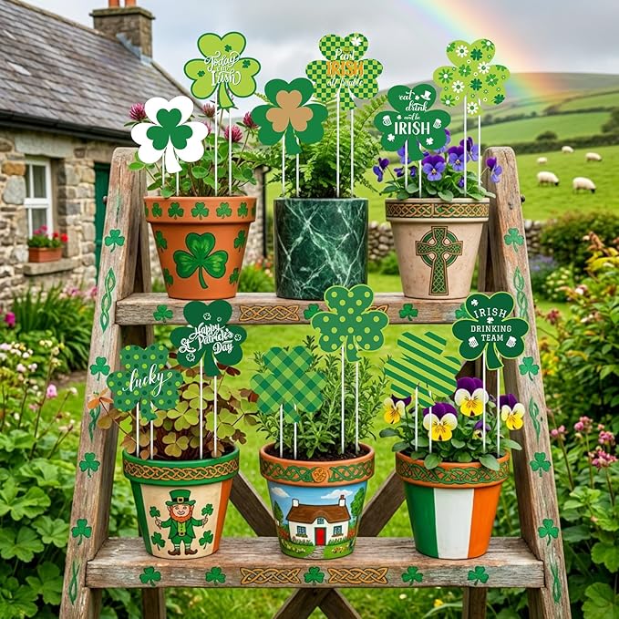 12 Pcs St. Patrick's Day Yard Stakes Green Shamrock Yard Signs St. Patrick's Outdoor Decoration for Irish Festive Outdoor Planter Front Door Lawn Patio Garden