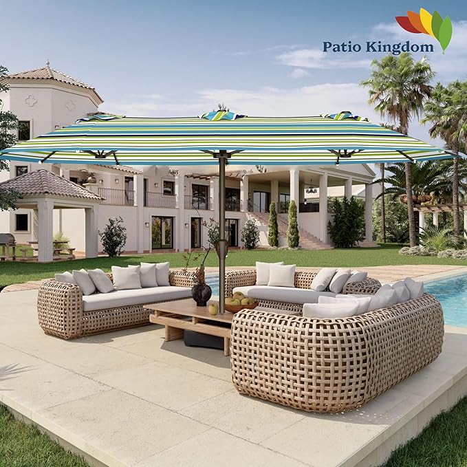 15FT Double Sided Patio Umbrella with Base Included Large Outdoor Market Umbrella with Crank Handle, UV Resistant Canopy, Sturdy Frame for Garden, Poolside, Deck, Green Stripes
