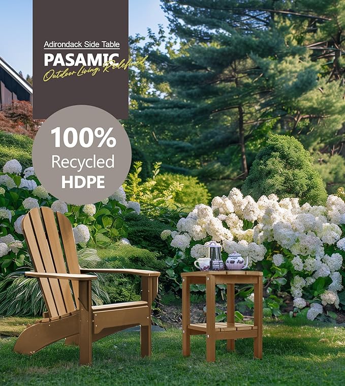 PASAMIC 2-Tier Adirondack Oval Outdoor Side Table, HDPE Small Outdoor Table, Patio End Table for Patio, Backyard, Weather-Resistant (Brown)