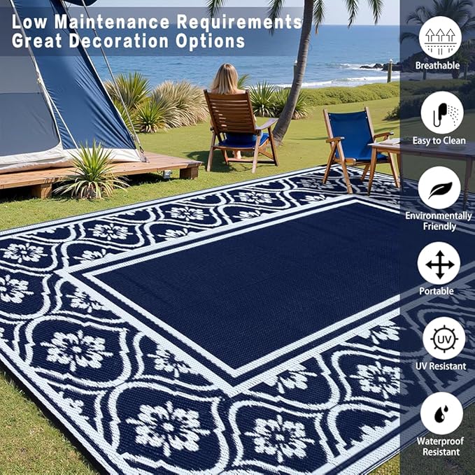 HUGEAR RV Outdoor Rug Waterproof Mat 9'x12' Camping Carpet Blue Outside Area Rugs Reversible Rugs for Deck Entryance Porch Picnic Balcony Beach