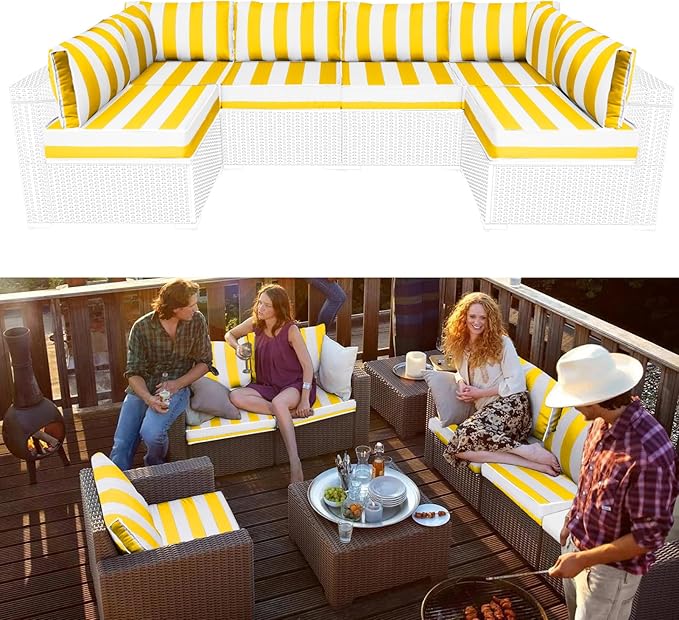 Outdoor Sectional Cushions Replacement Set, 26x26in Patio Furniture Cushions, 14 Pieces Waterproof Outdoor Couch Cushion for 6 Seat Wicker Conversation (Yellow and White Stripes)