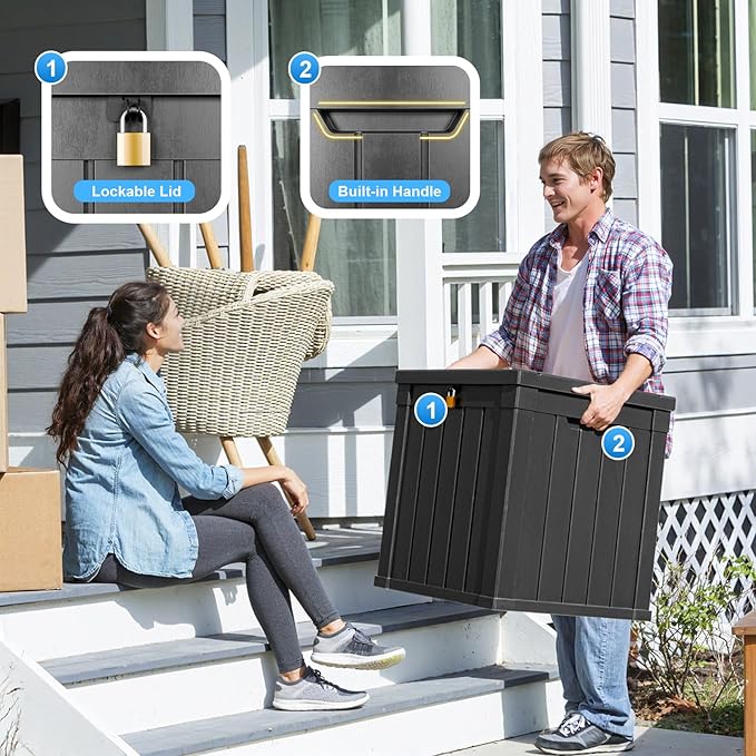 51 Gallon Outdoor Deck Box, Lockable Waterproof Outdoor Storage Boxes For Garden Tools,Indoor Cushions,Accessories Outside Storage Resin Weatherproof Container(Black)